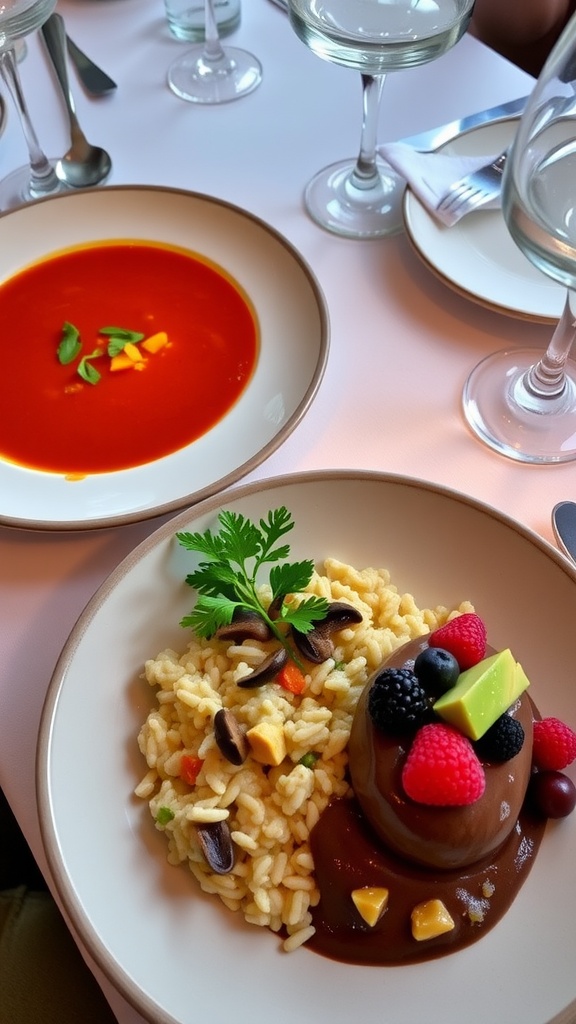 Three course vegan dinner: soup, risotto, mousse.
